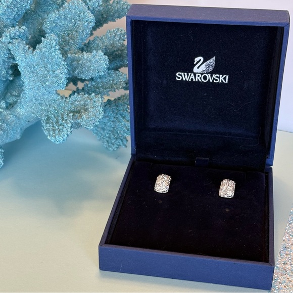 Authentic Stamped Swarovski Pave Clear Crystals Rhodium Plated Huggie Earrings - Picture 1 of 14